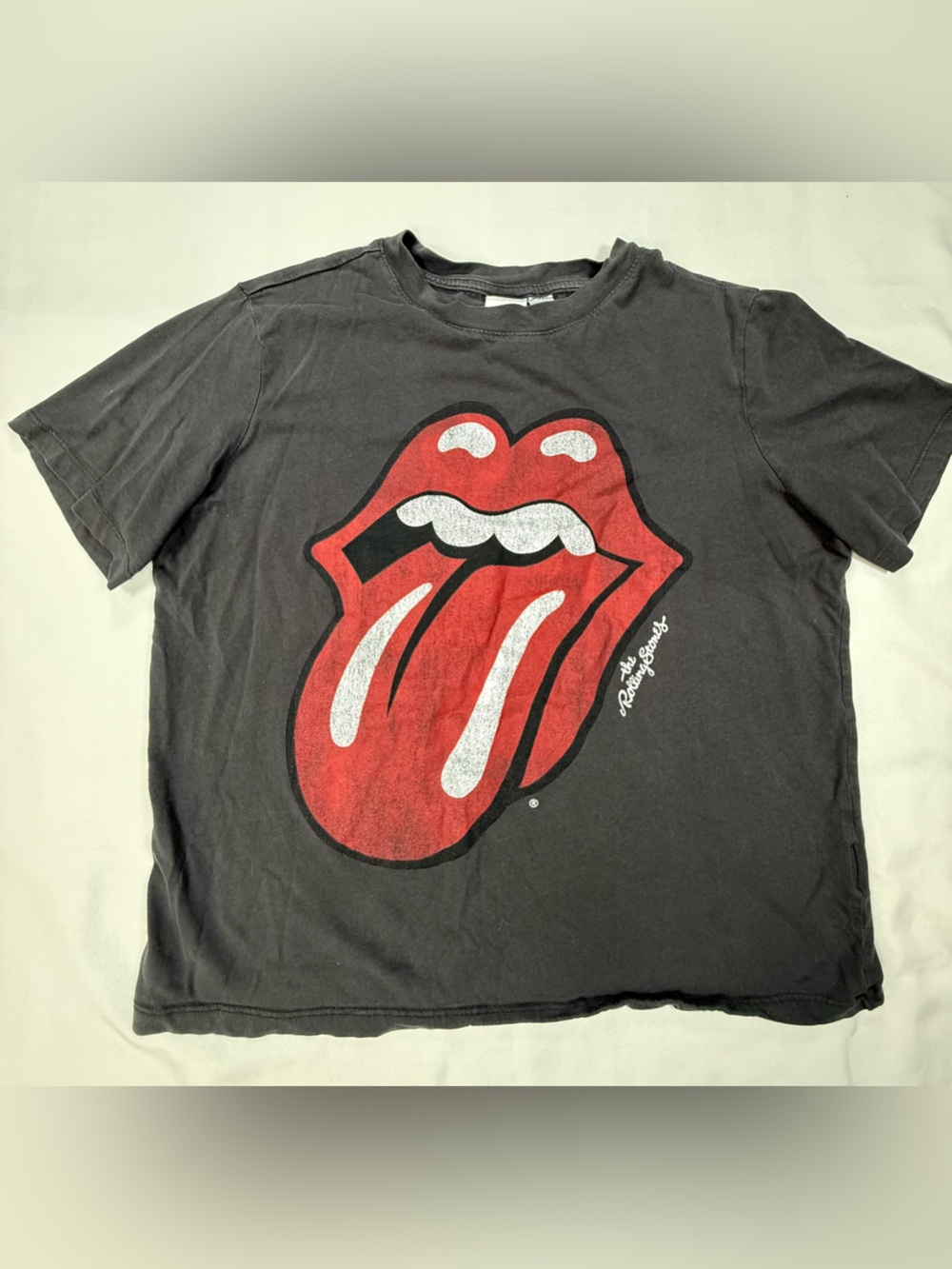 H&M Rolling Stone Black Tee with Red & White Tongue Graphic